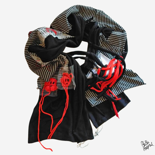 Face No.004 | Fabric Art  Greyx Black border Design – Black Scarf
