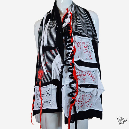 Face No.005 | Fabric Art  Greyx Black border Design – Black Scarf