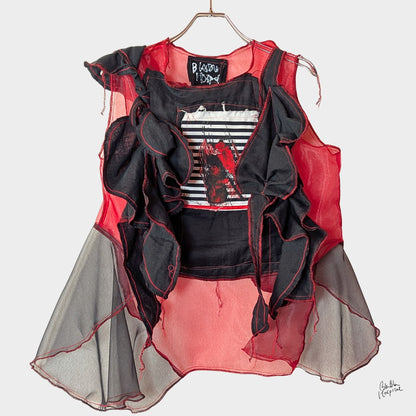 Red Air – No.03 | Sheer Organza Top with Black Improv Frill – Layering Piece