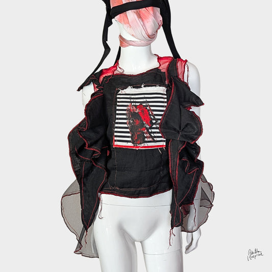 Red Air – No.03 | Sheer Organza Top with Black Improv Frill – Layering Piece
