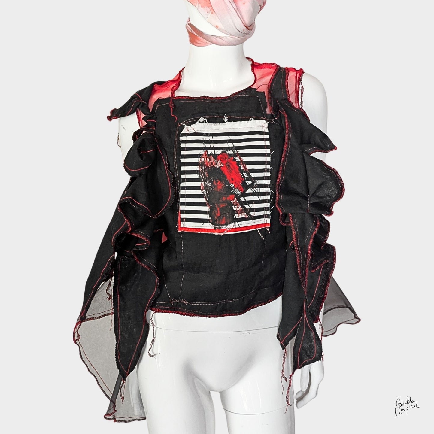 Red Air – No.03 | Sheer Organza Top with Black Improv Frill – Layering Piece