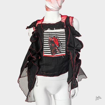 Red Air – No.03 | Sheer Organza Top with Black Improv Frill – Layering Piece