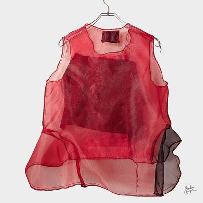 Red Air – No.02 | Sheer Organza Top with Art-Printed Patch – Layering Piece
