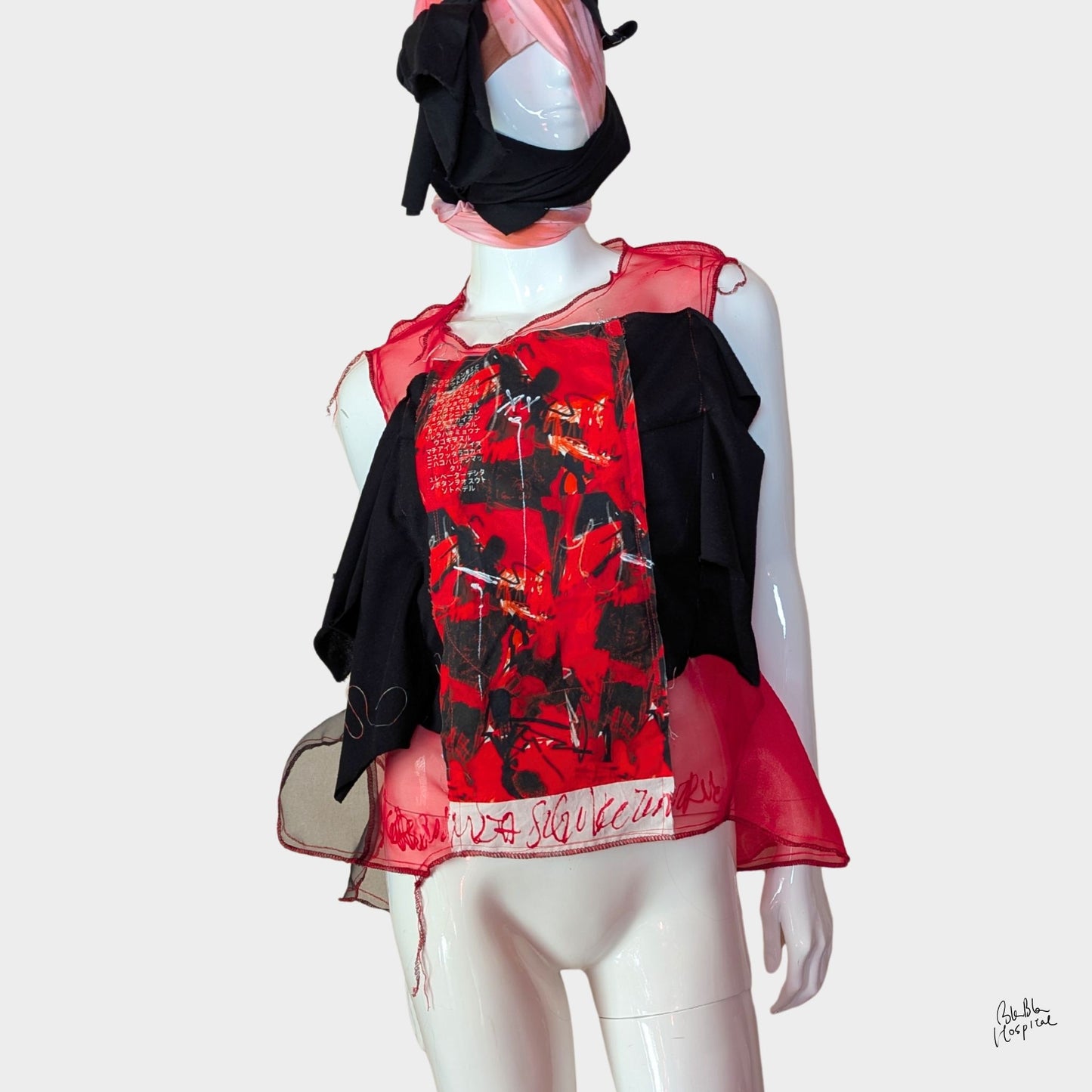 Red Air – No.02 | Sheer Organza Top with Art-Printed Patch – Layering Piece