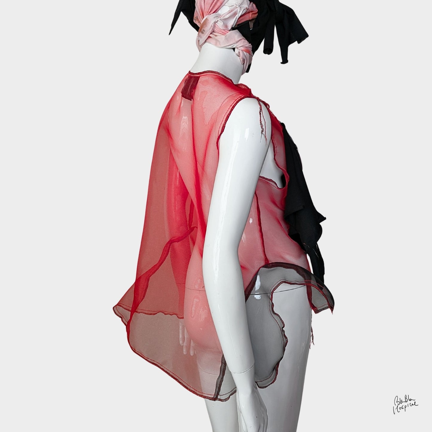 Red Air – No.02 | Sheer Organza Top with Art-Printed Patch – Layering Piece