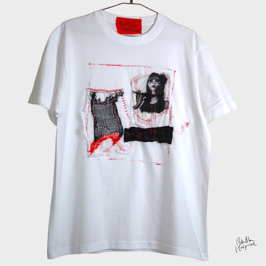 White | & Art Knit Patch Design T-shirt